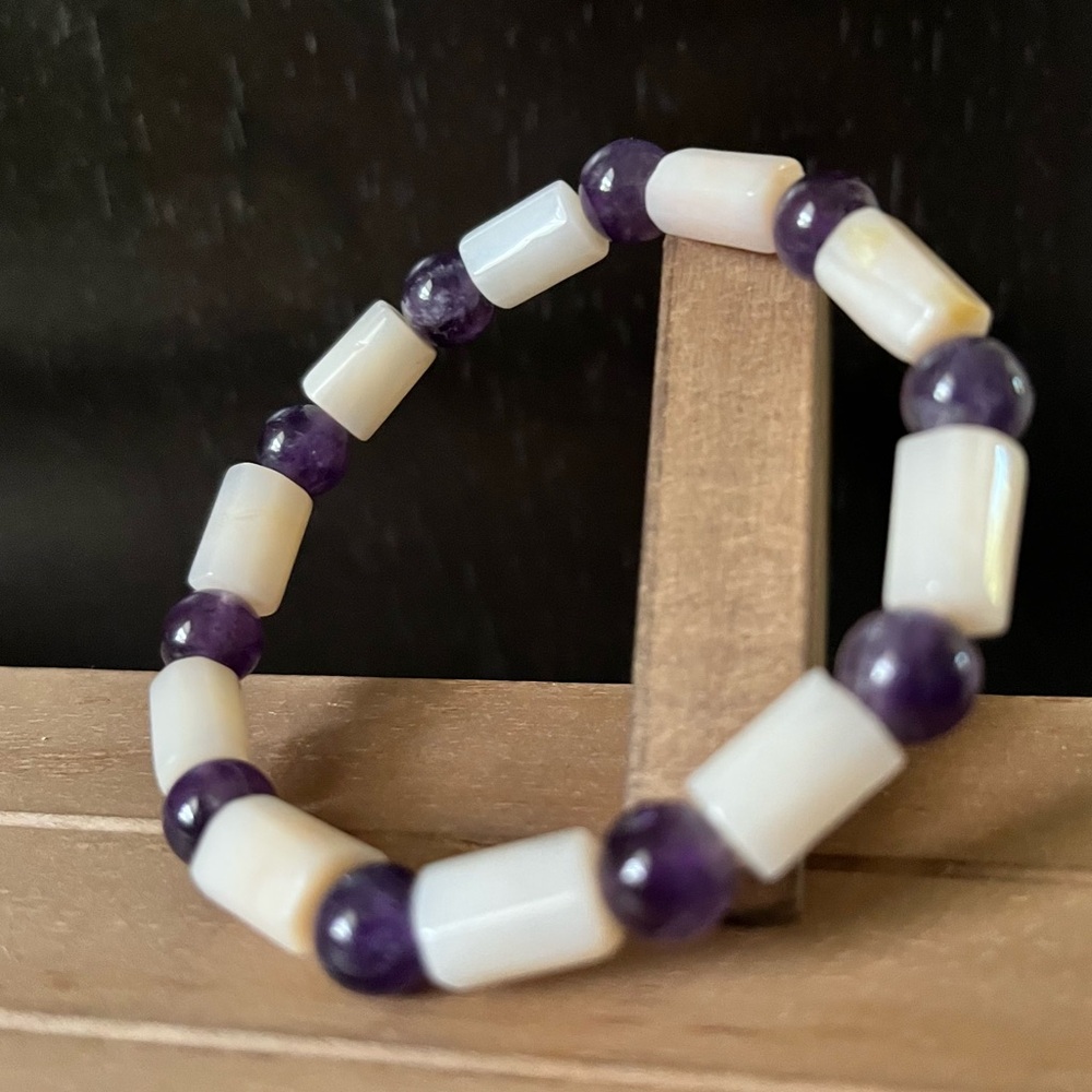 Pink Opal With Amethyst Crystal Natural Stone Beaded Stretch Bracelet